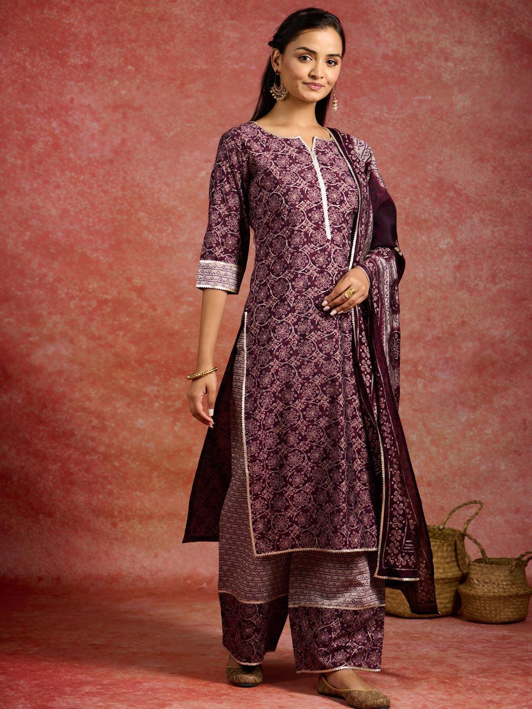 Burgundy Printed Silk Blend Straight Suit With Dupatta