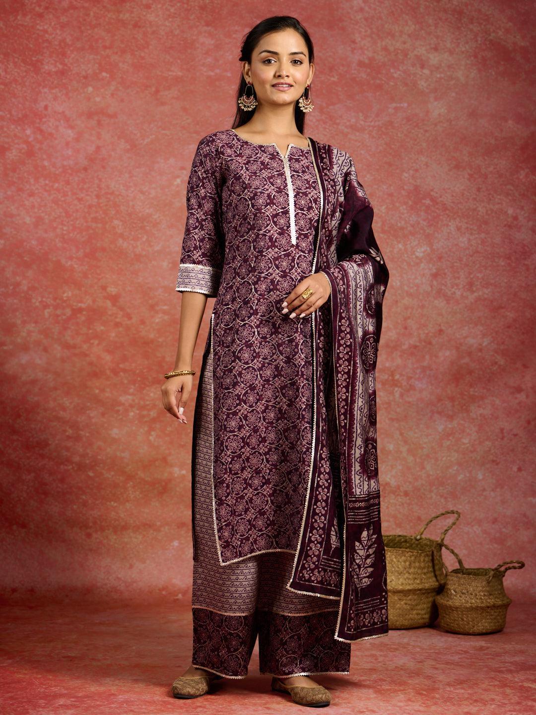 Burgundy Printed Silk Blend Straight Suit With Dupatta