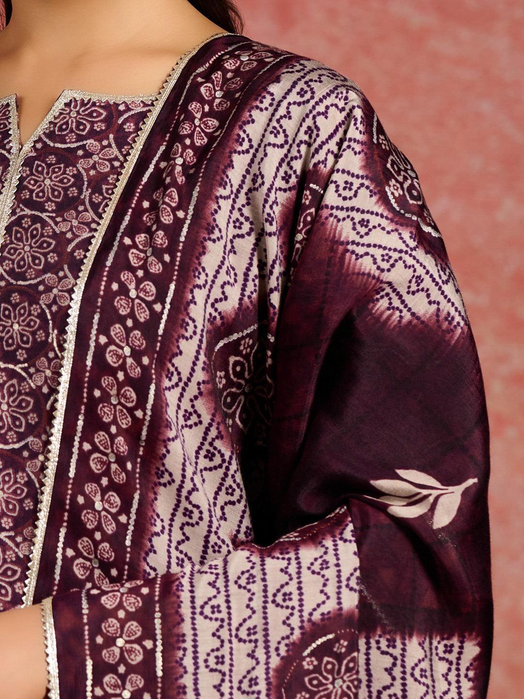 Burgundy Printed Silk Blend Straight Suit With Dupatta