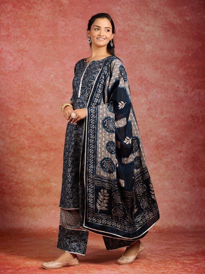 Blue Printed Silk Blend Straight Kurta With Palazzos & Dupatta - ShopLibas