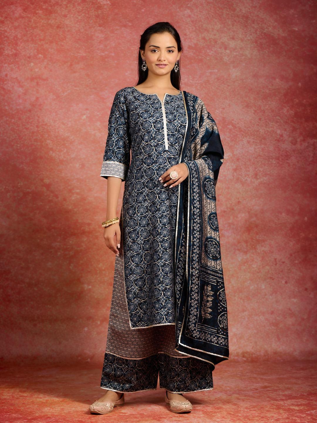 Blue Printed Silk Blend Straight Suit With Dupatta