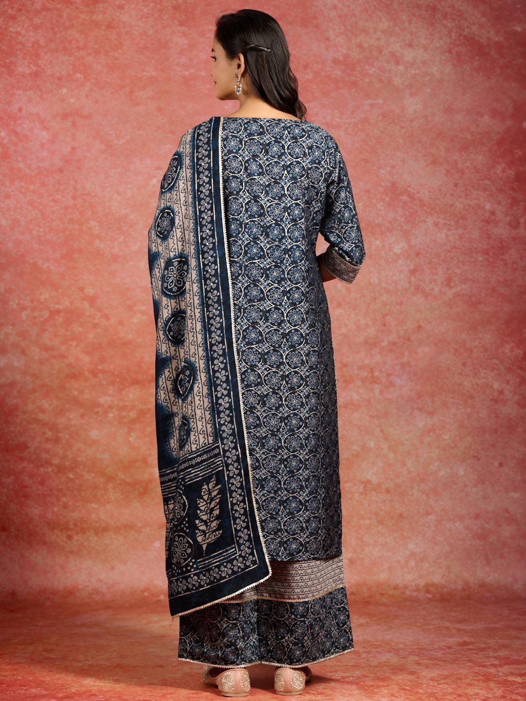 Blue Printed Silk Blend Straight Suit With Dupatta