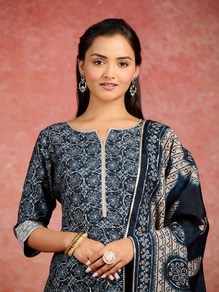 Blue Printed Silk Blend Straight Kurta With Palazzos & Dupatta - ShopLibas