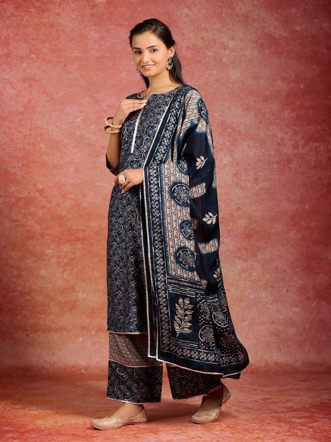 Blue Printed Silk Blend Straight Suit With Dupatta