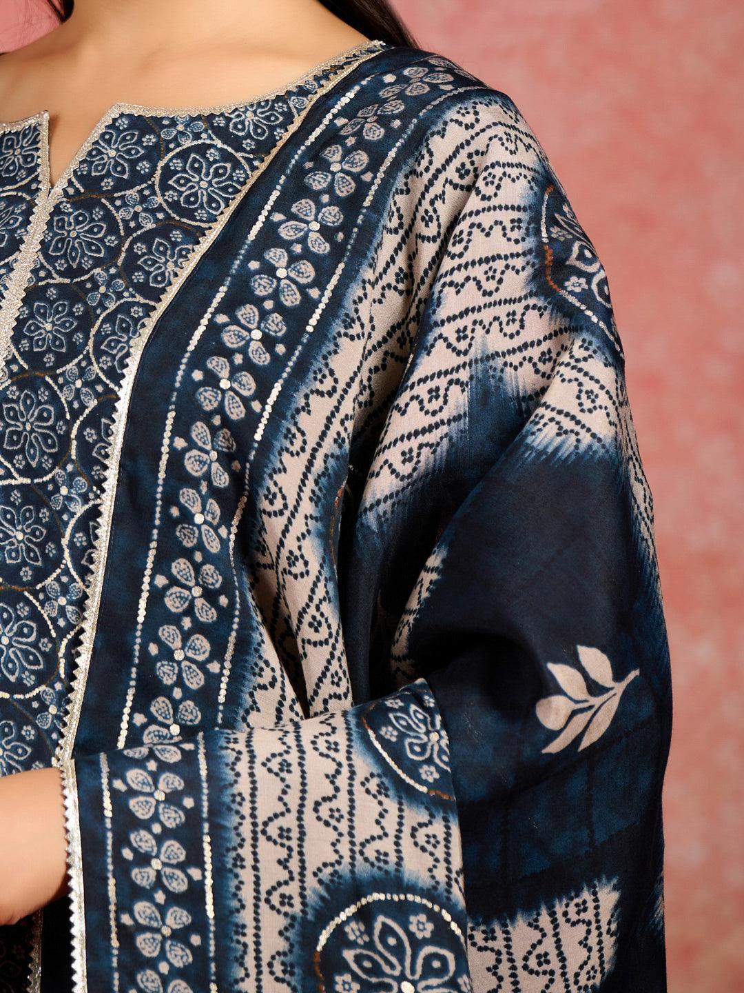 Blue Printed Silk Blend Straight Suit With Dupatta