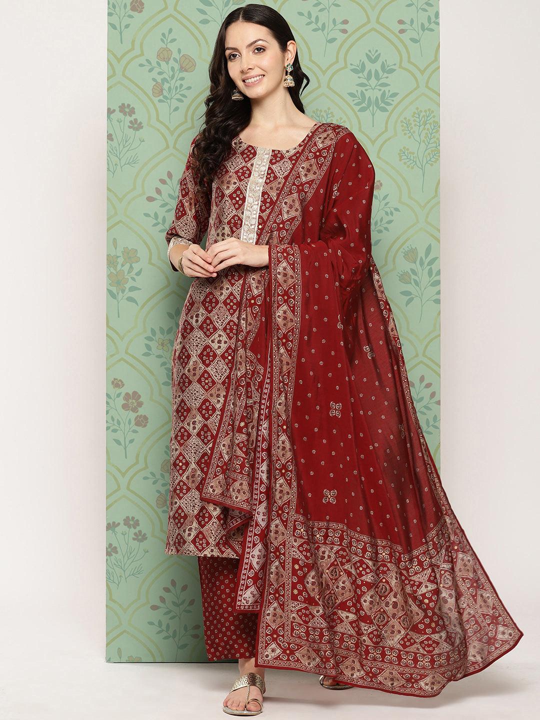 Red Printed Silk Blend Straight Suit With Dupatta