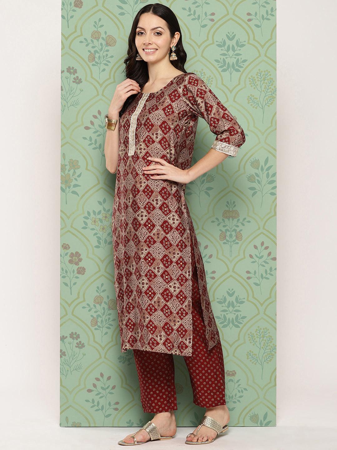 Red Printed Silk Blend Straight Suit With Dupatta