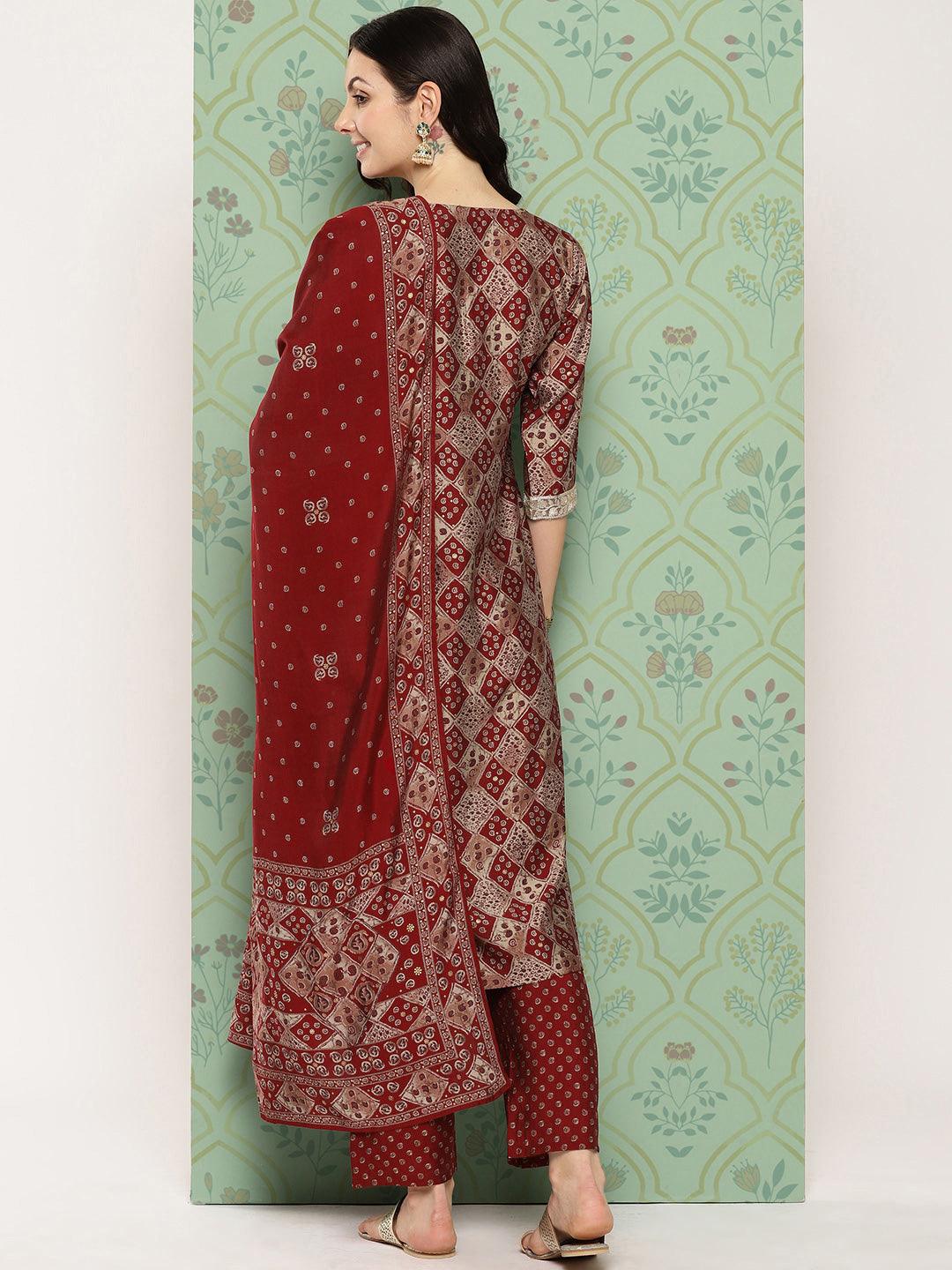 Red Printed Silk Blend Straight Suit With Dupatta