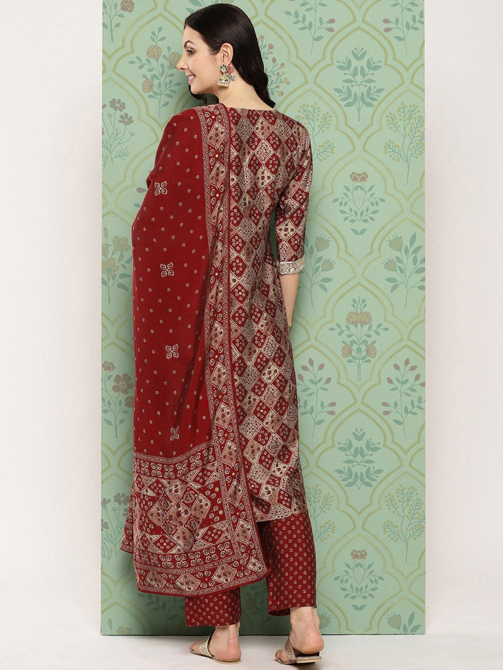 Red Printed Silk Blend Straight Kurta With Trousers & Dupatta - ShopLibas