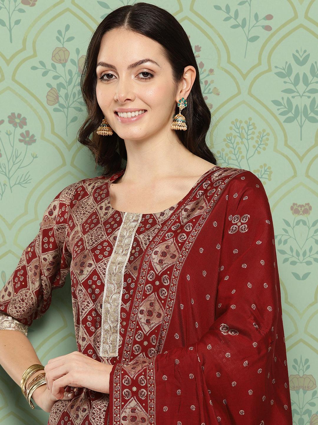 Red Printed Silk Blend Straight Suit With Dupatta