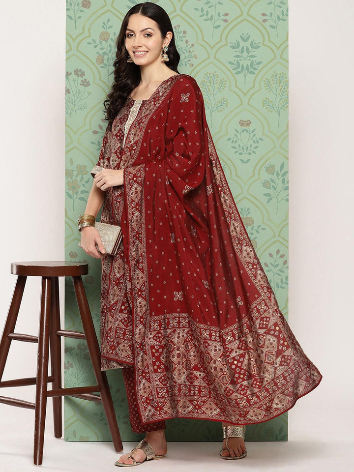 Red Printed Silk Blend Straight Kurta With Trousers & Dupatta - ShopLibas