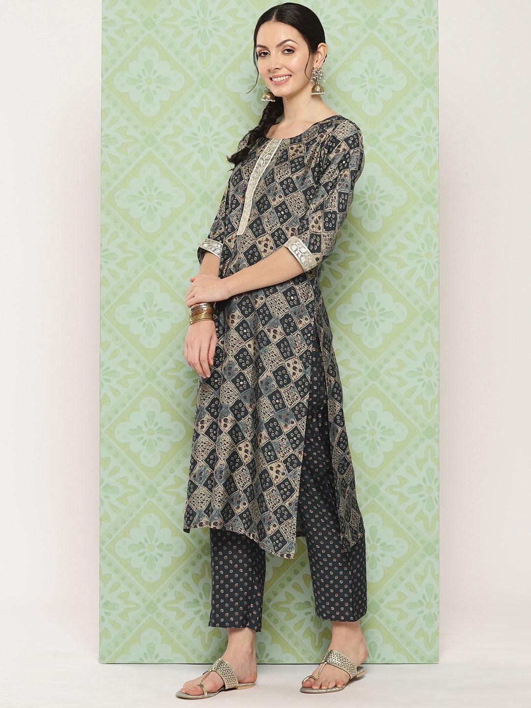 Grey Printed Silk Blend Straight Kurta With Trousers & Dupatta - ShopLibas