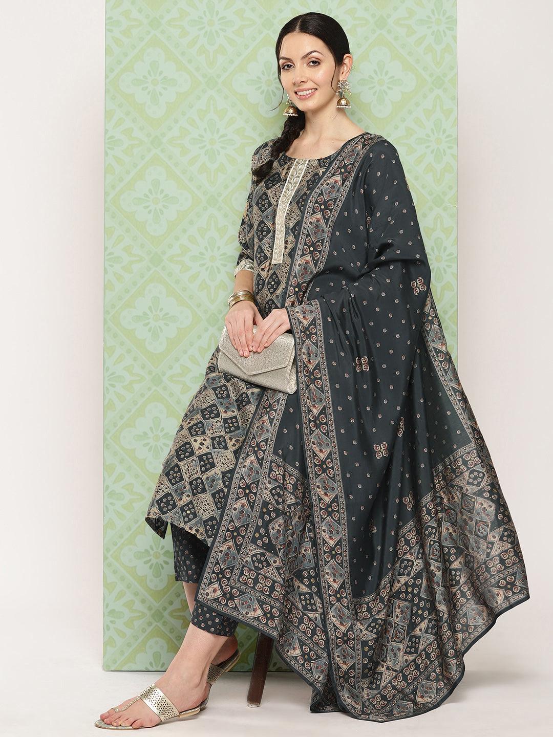 Grey Printed Silk Blend Straight Kurta With Trousers & Dupatta - ShopLibas