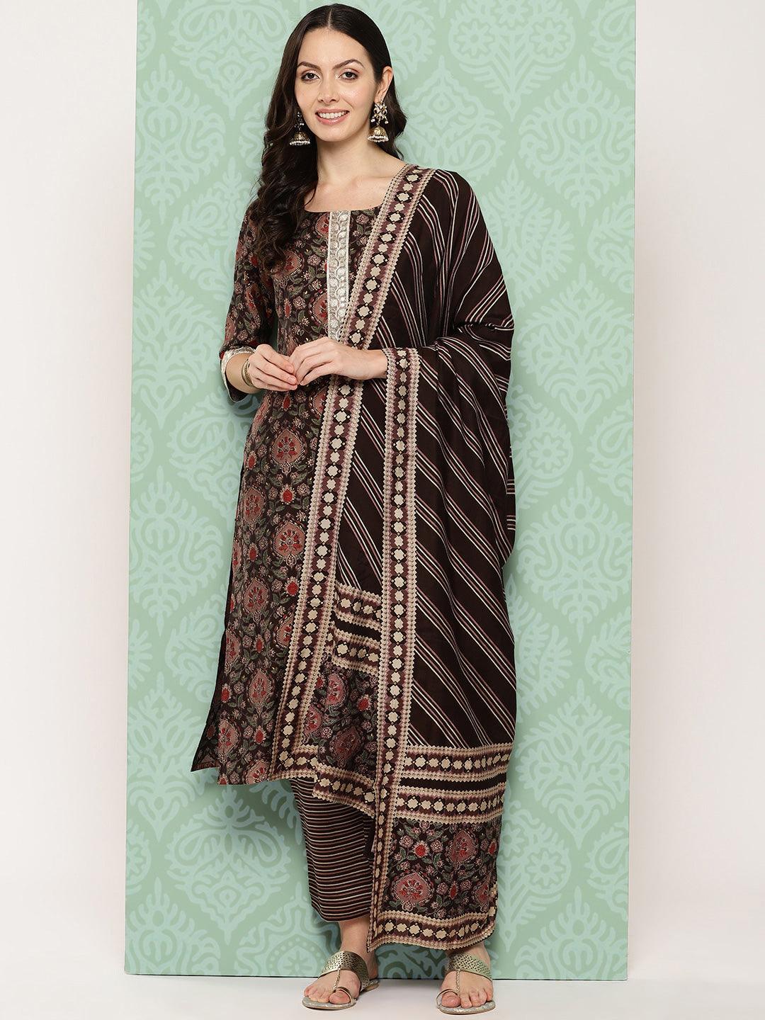 Brown Printed Silk Blend Straight Kurta With Trousers & Dupatta - ShopLibas