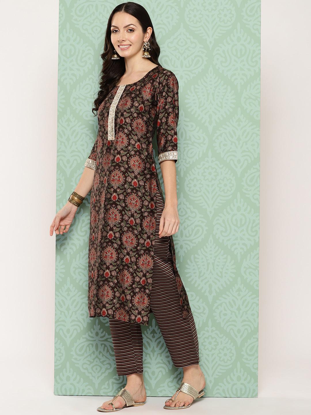 Brown Printed Silk Blend Straight Suit With Dupatta