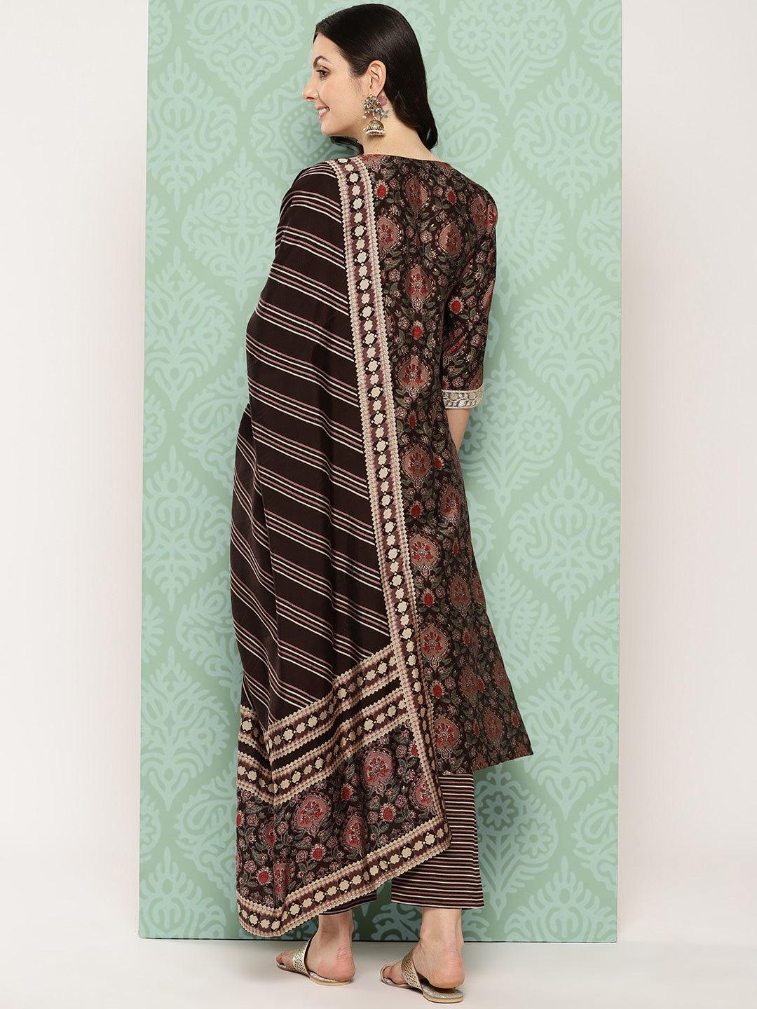 Brown Printed Silk Blend Straight Kurta With Trousers & Dupatta - ShopLibas