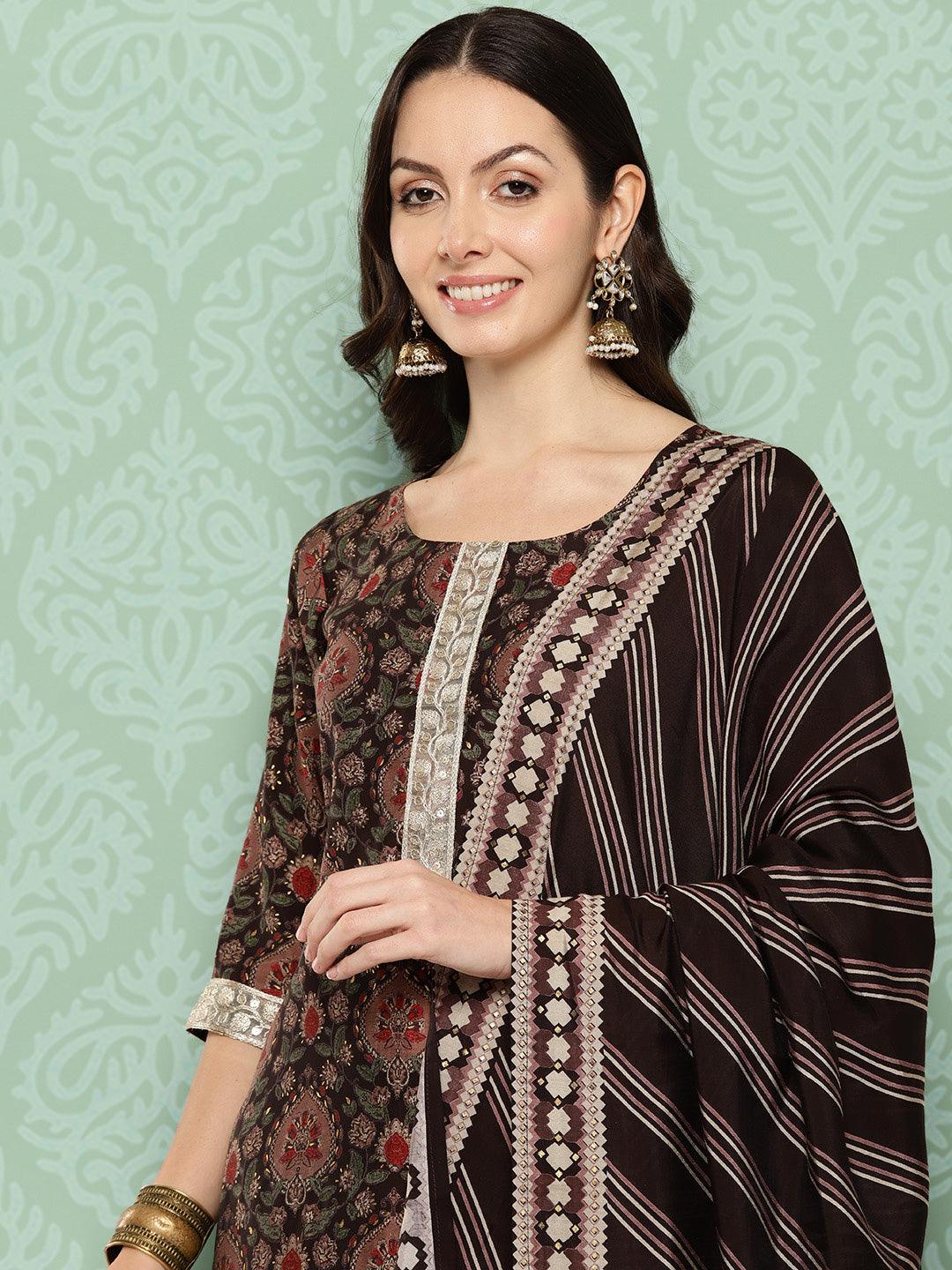 Brown Printed Silk Blend Straight Suit With Dupatta