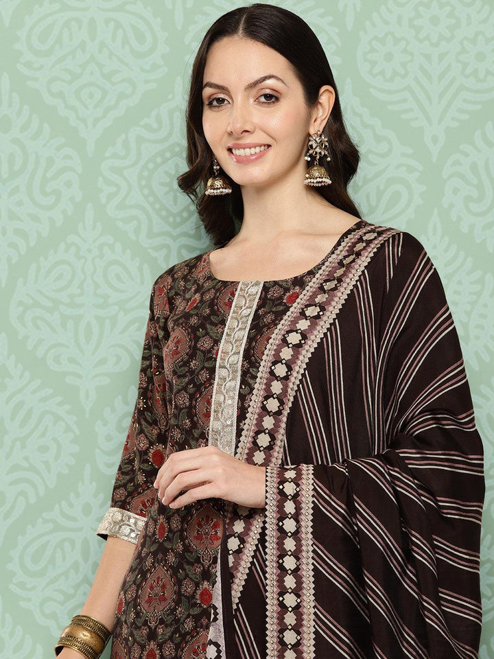 Brown Printed Silk Blend Straight Kurta With Trousers & Dupatta - ShopLibas