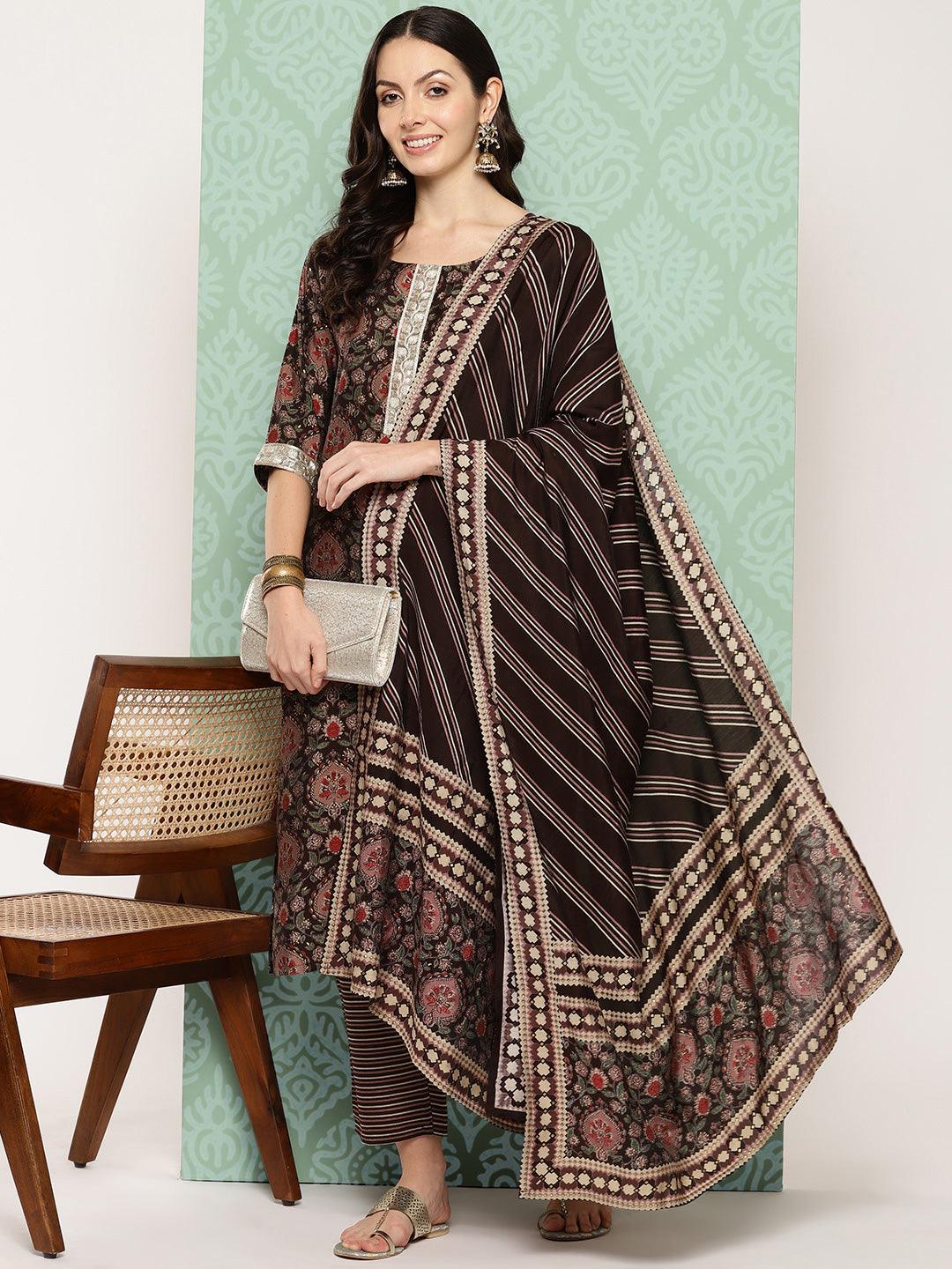 Brown Printed Silk Blend Straight Suit With Dupatta