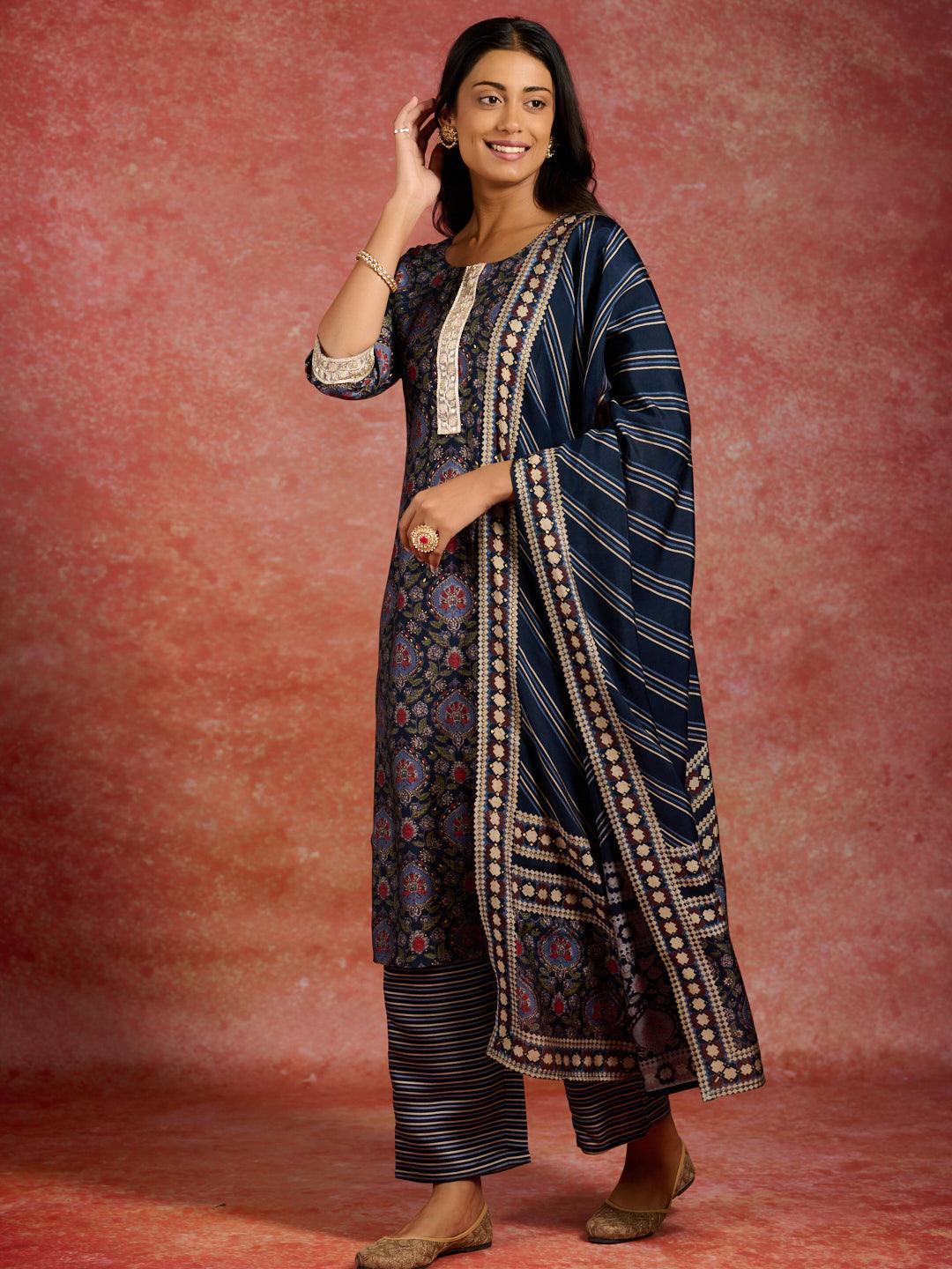 Blue Printed Silk Blend Straight Kurta With Trousers & Dupatta - ShopLibas