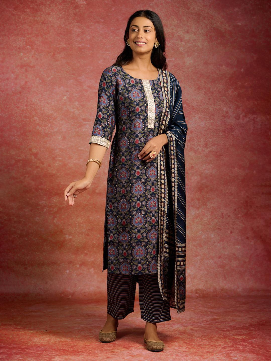 Blue Printed Silk Blend Straight Suit With Dupatta