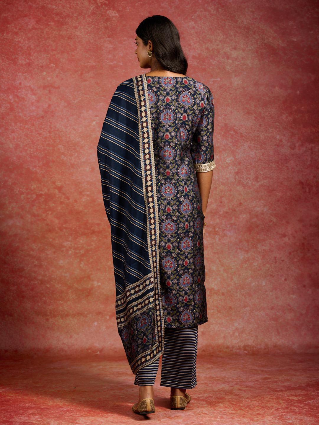 Blue Printed Silk Blend Straight Kurta With Trousers & Dupatta - ShopLibas