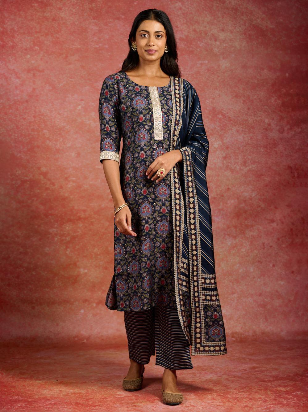 Blue Printed Silk Blend Straight Suit With Dupatta