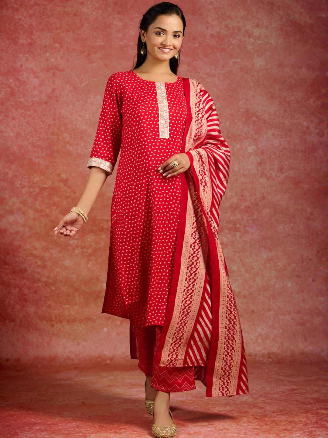 Red Printed Silk Blend Straight Suit With Dupatta