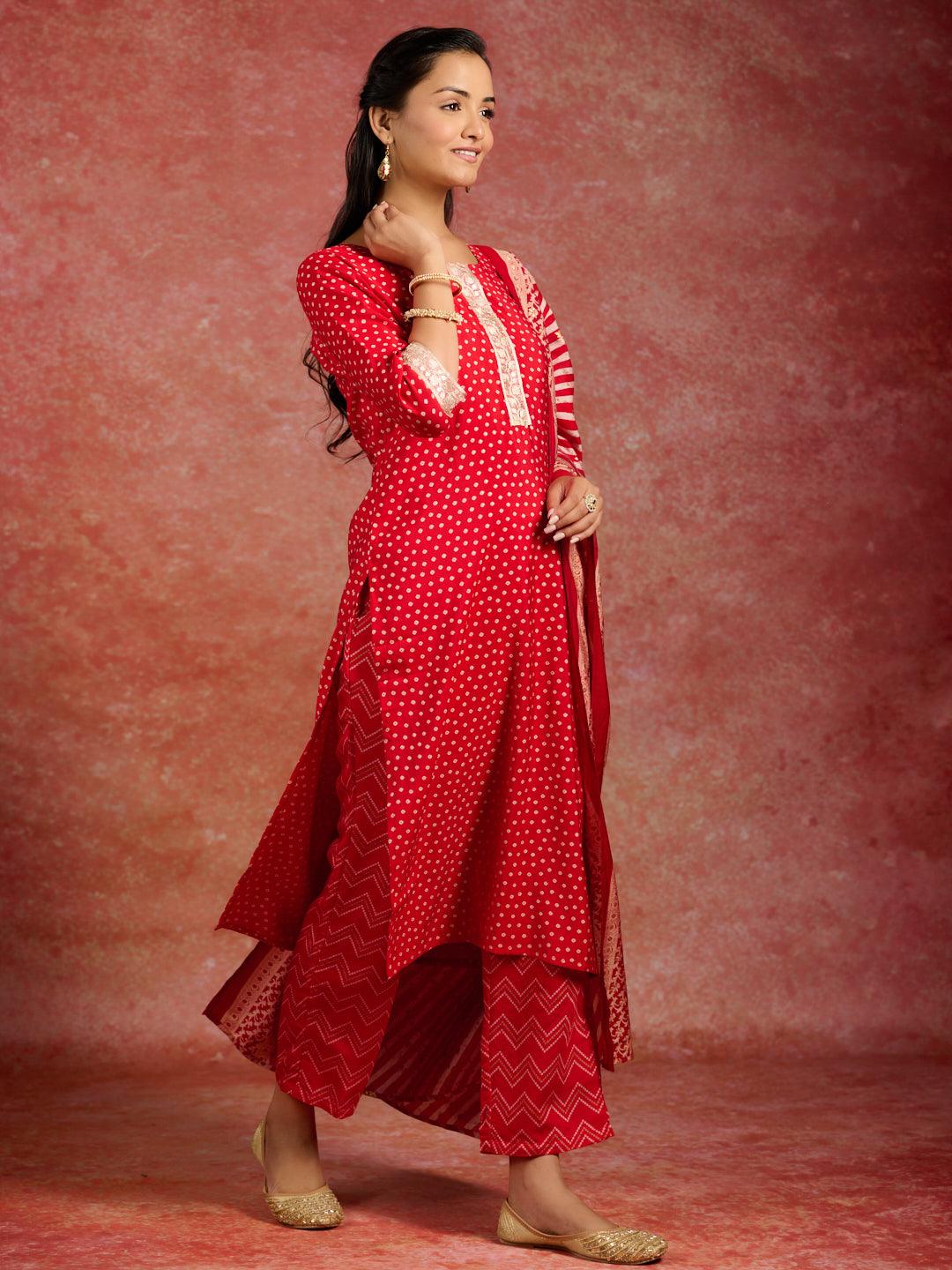 Red Printed Silk Blend Straight Suit With Dupatta