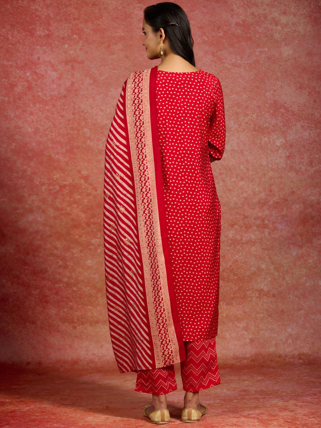 Red Printed Silk Blend Straight Suit With Dupatta