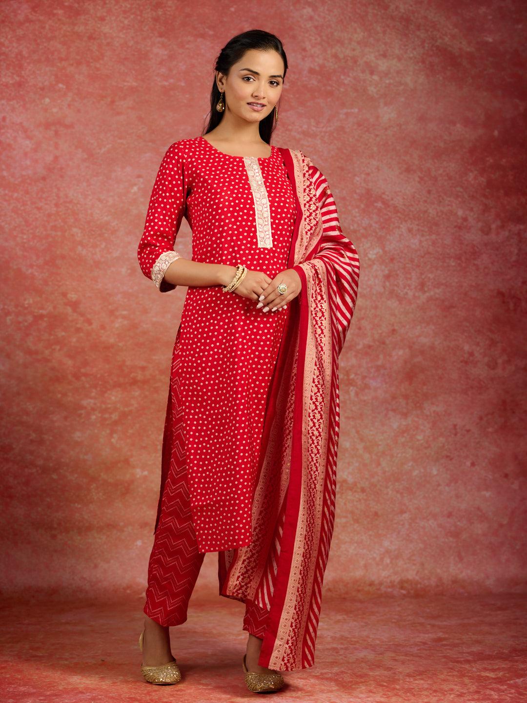 Red Printed Silk Blend Straight Suit With Dupatta