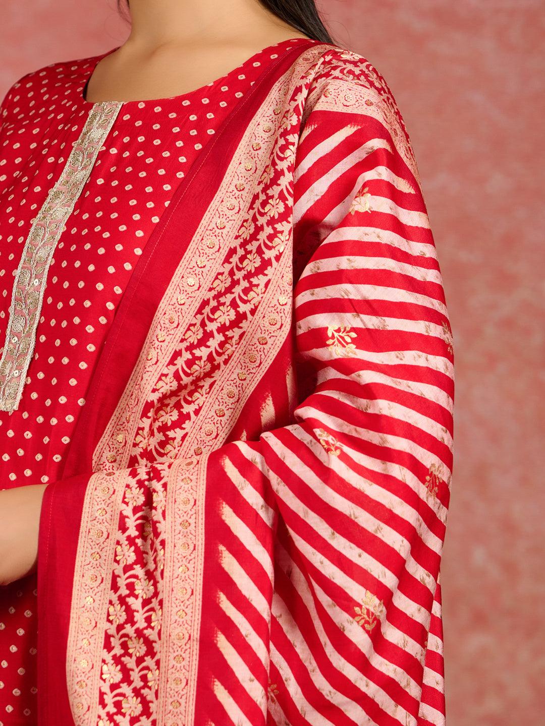 Red Printed Silk Blend Straight Suit With Dupatta