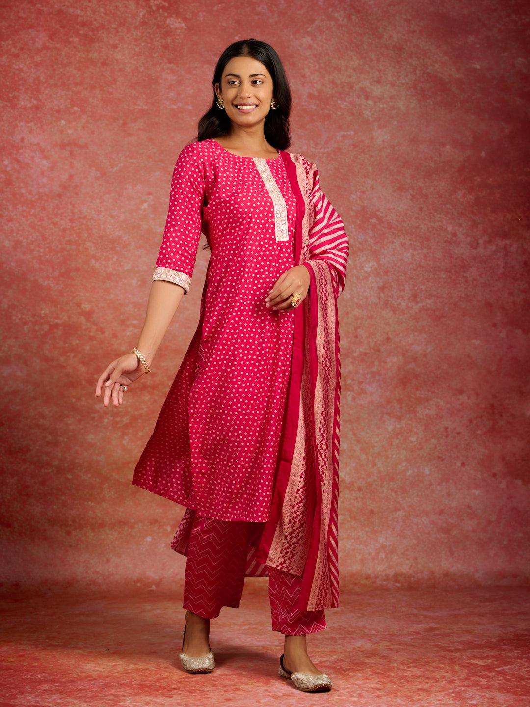 Pink Printed Silk Blend Straight Suit With Dupatta