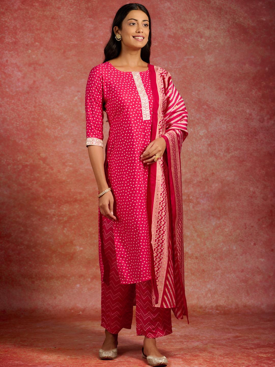 Pink Printed Silk Blend Straight Suit With Dupatta