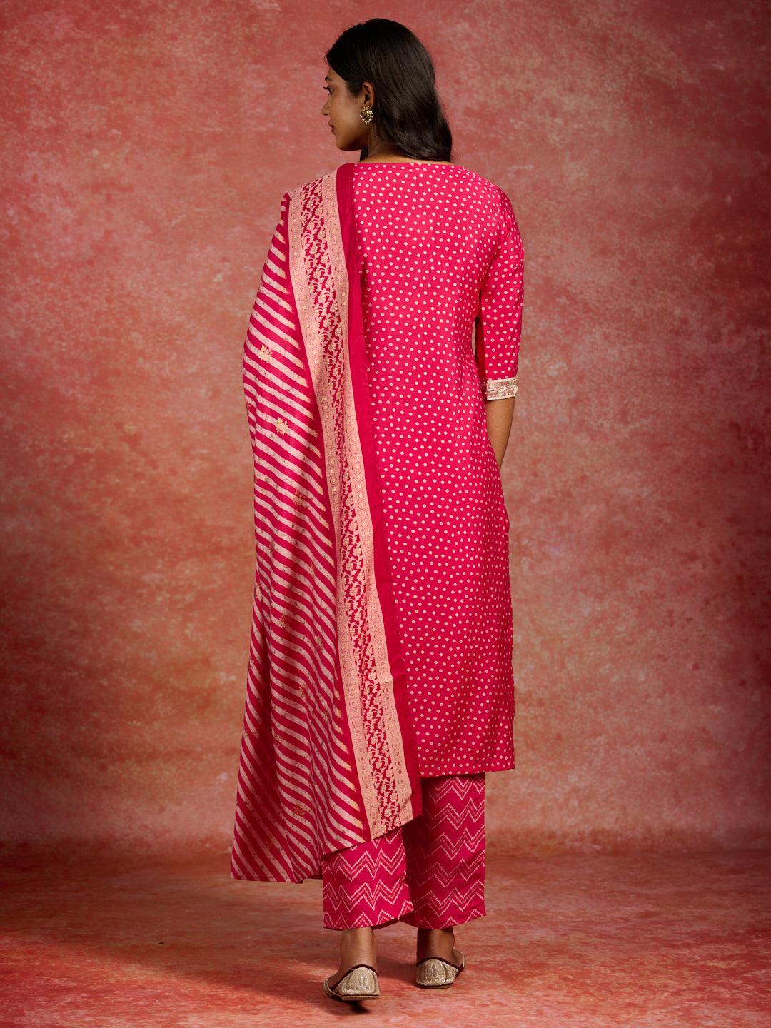 Pink Printed Silk Blend Straight Suit With Dupatta