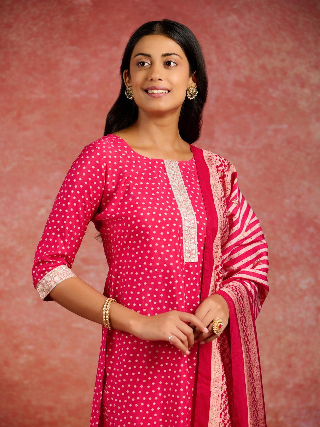 Pink Printed Silk Blend Straight Suit With Dupatta