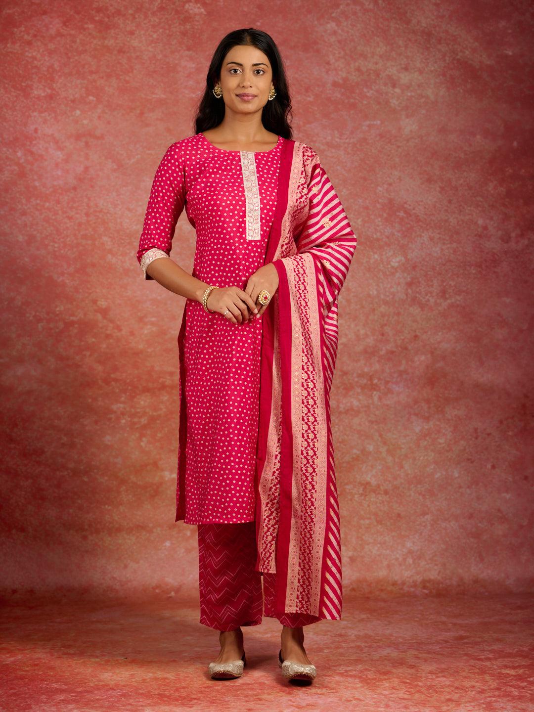 Pink Printed Silk Blend Straight Suit With Dupatta