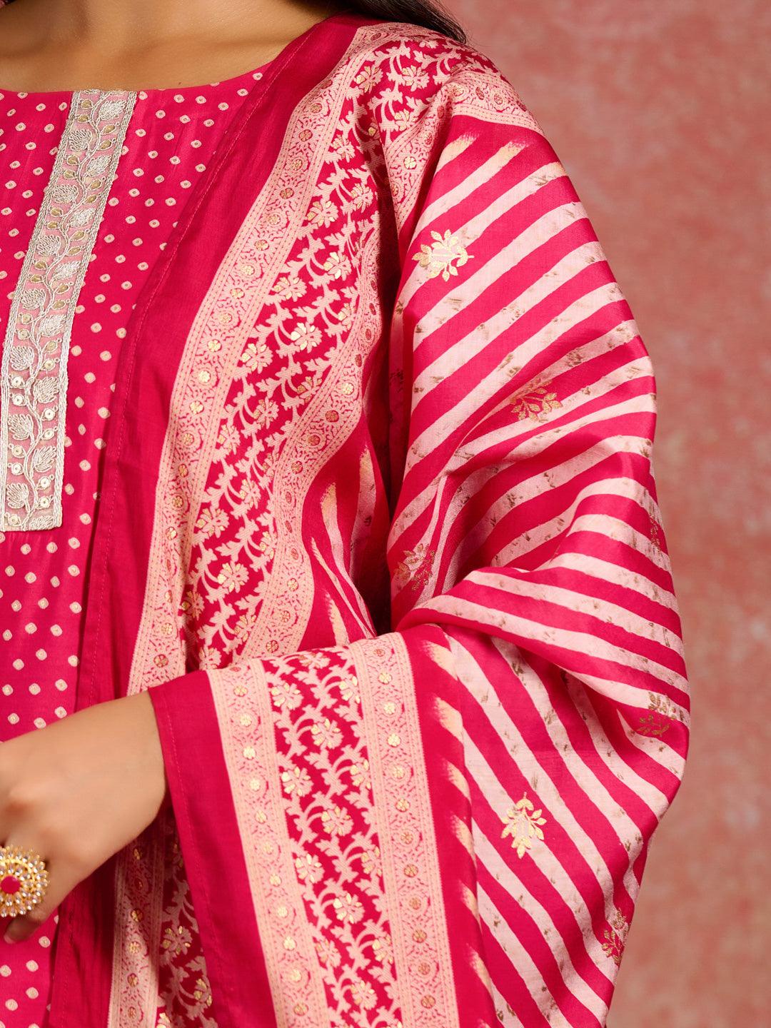 Pink Printed Silk Blend Straight Suit With Dupatta