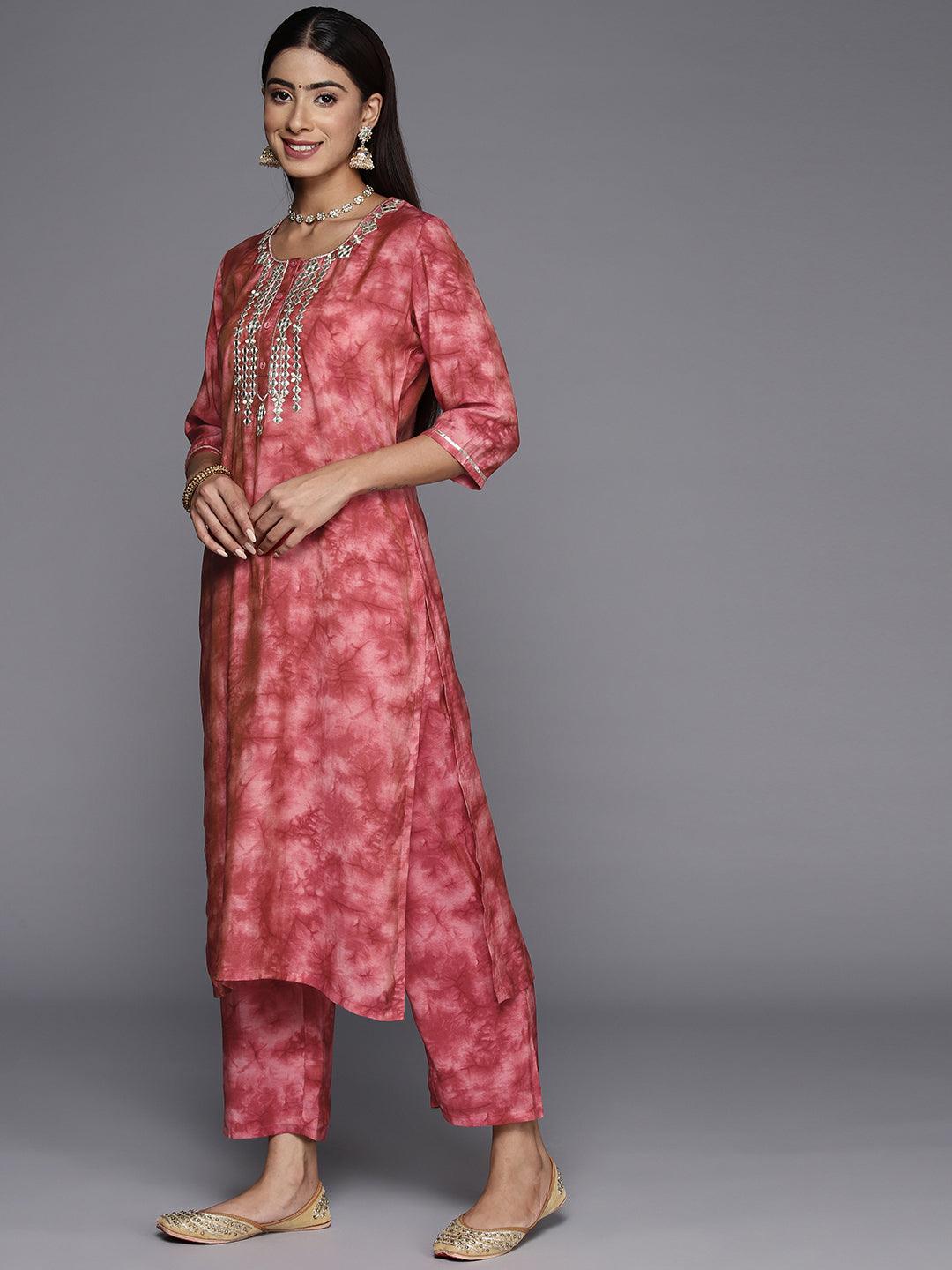 Coral Printed Silk Blend Straight Suit With Dupatta