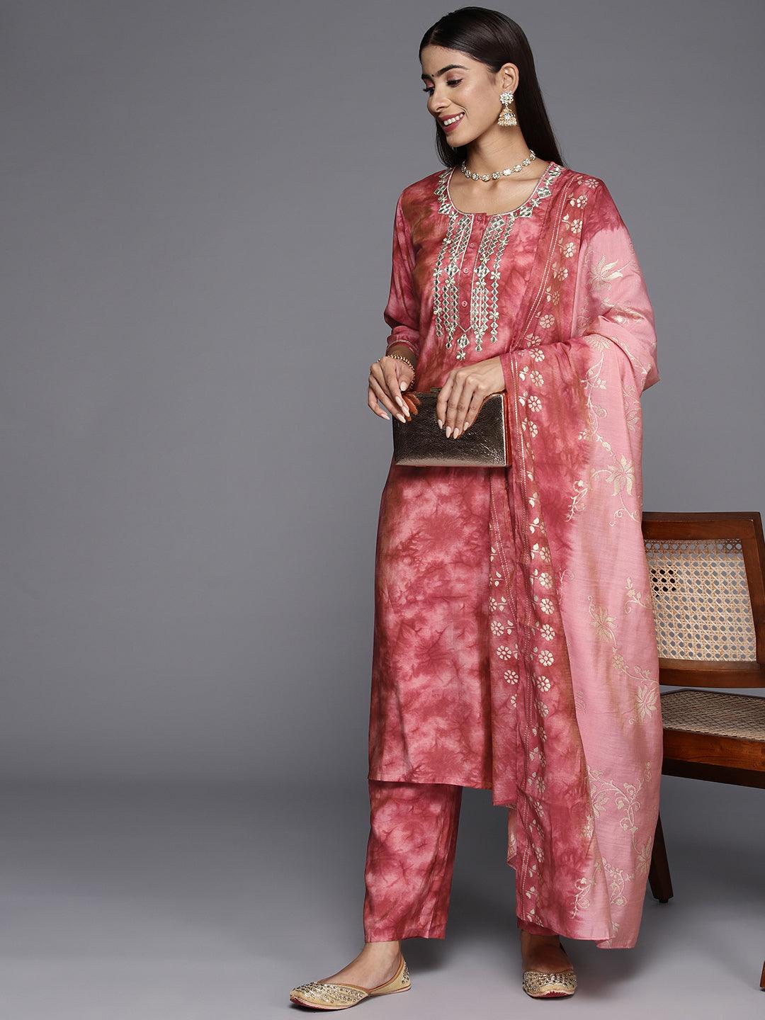 Coral Printed Silk Blend Straight Suit With Dupatta