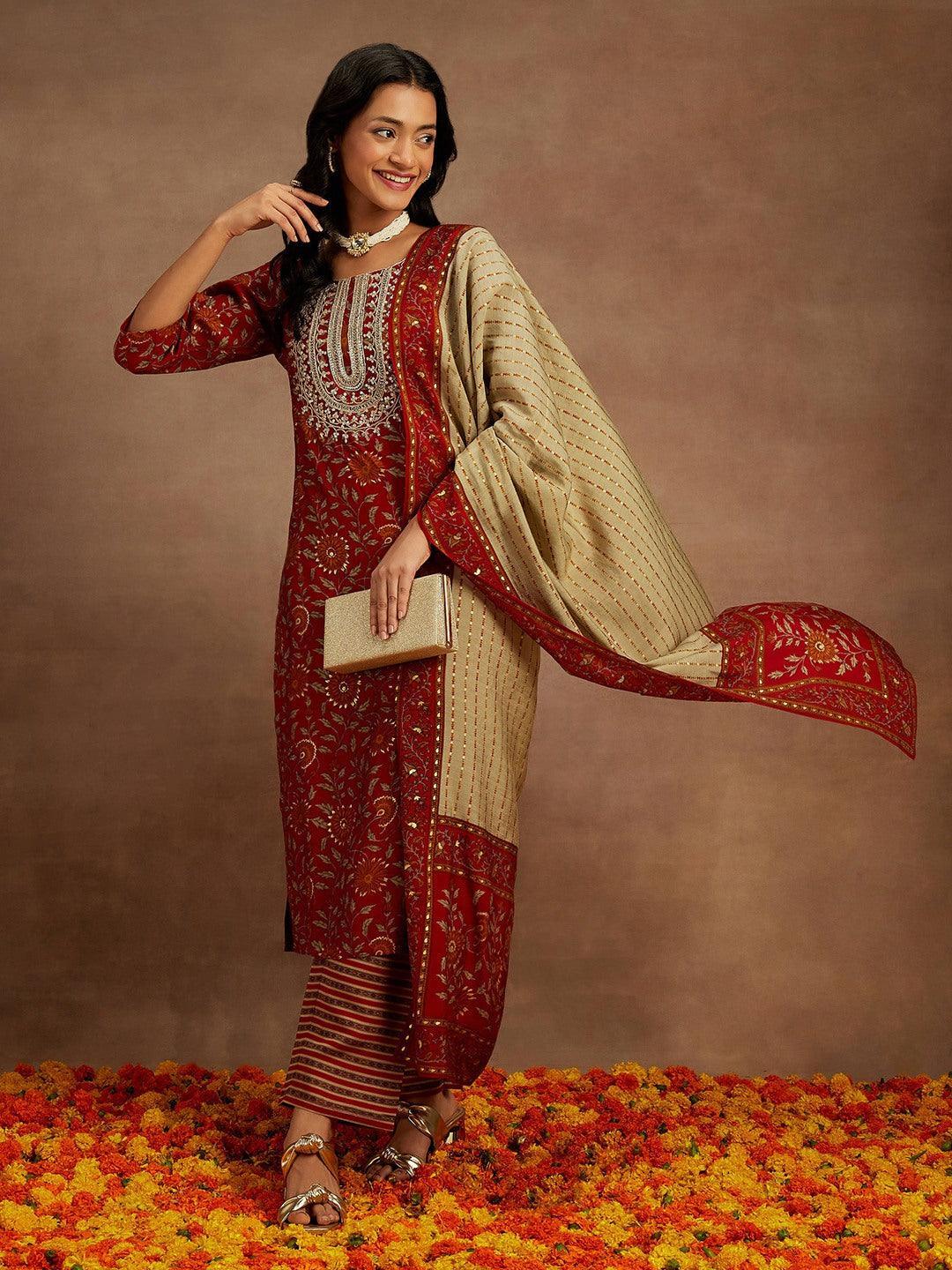 Red Printed Silk Blend Kurta With Trousers & Dupatta