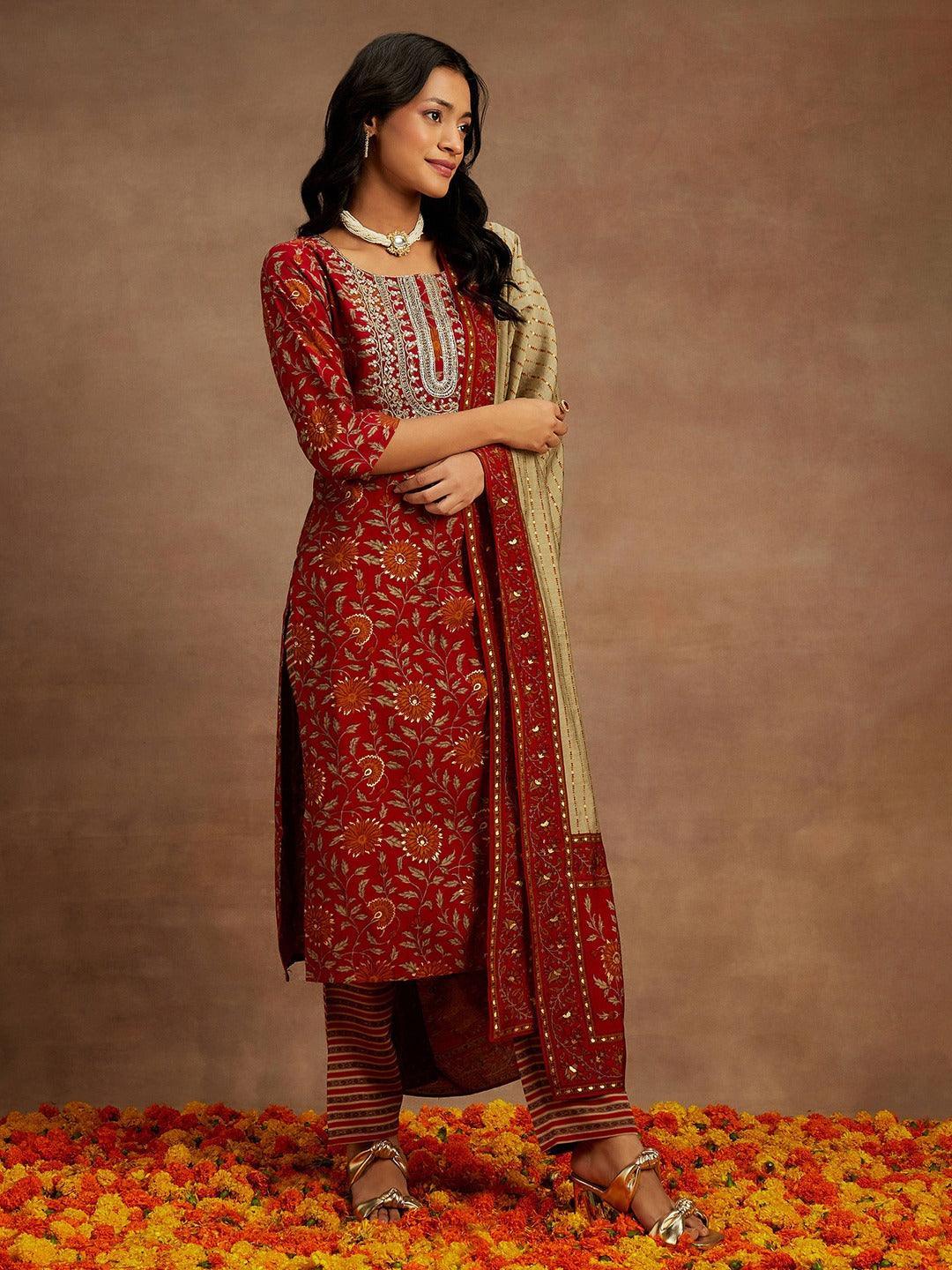 Red Printed Silk Blend Kurta With Trousers & Dupatta