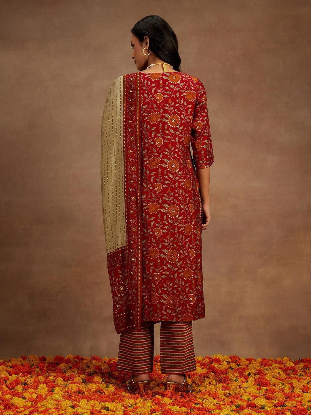 Red Printed Silk Blend Kurta With Trousers & Dupatta