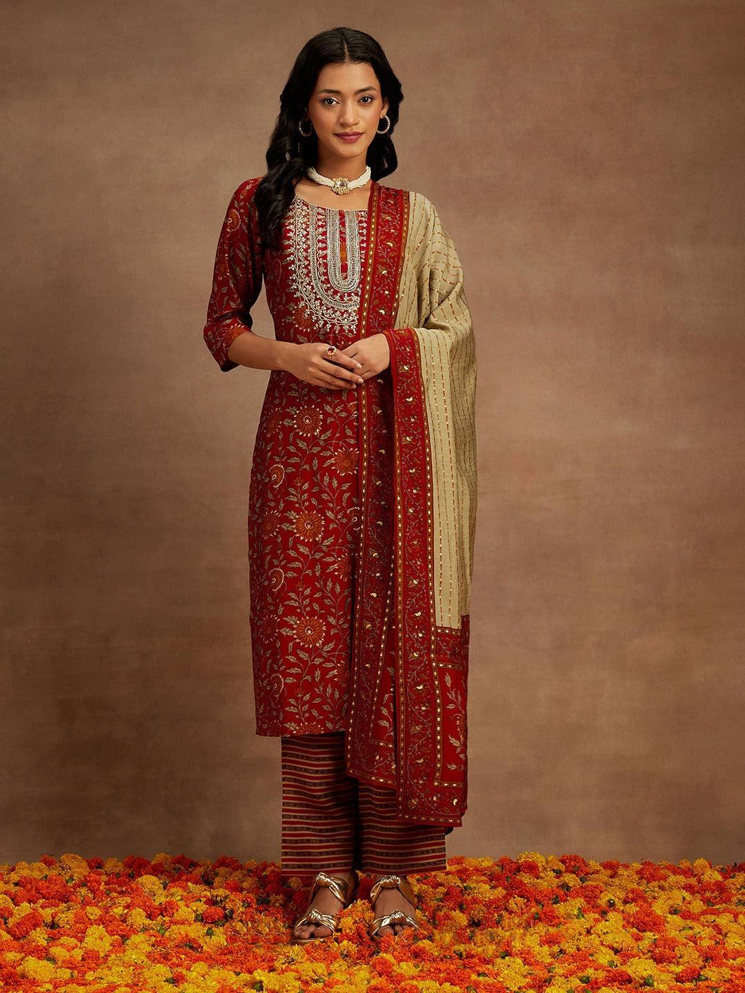 Red Printed Silk Blend Kurta With Trousers & Dupatta