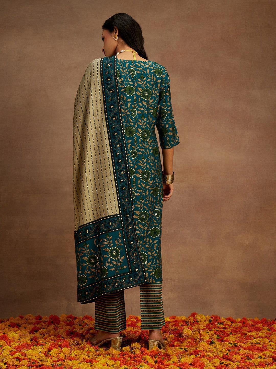 Blue Printed Silk Blend Kurta With Trousers & Dupatta