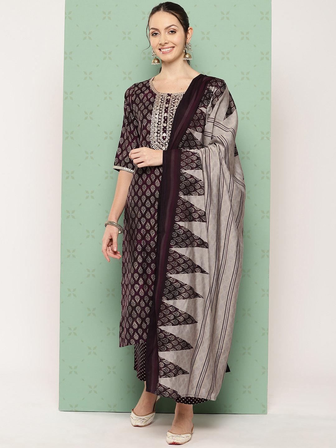 Purple Printed Silk Blend Straight Suit With Dupatta