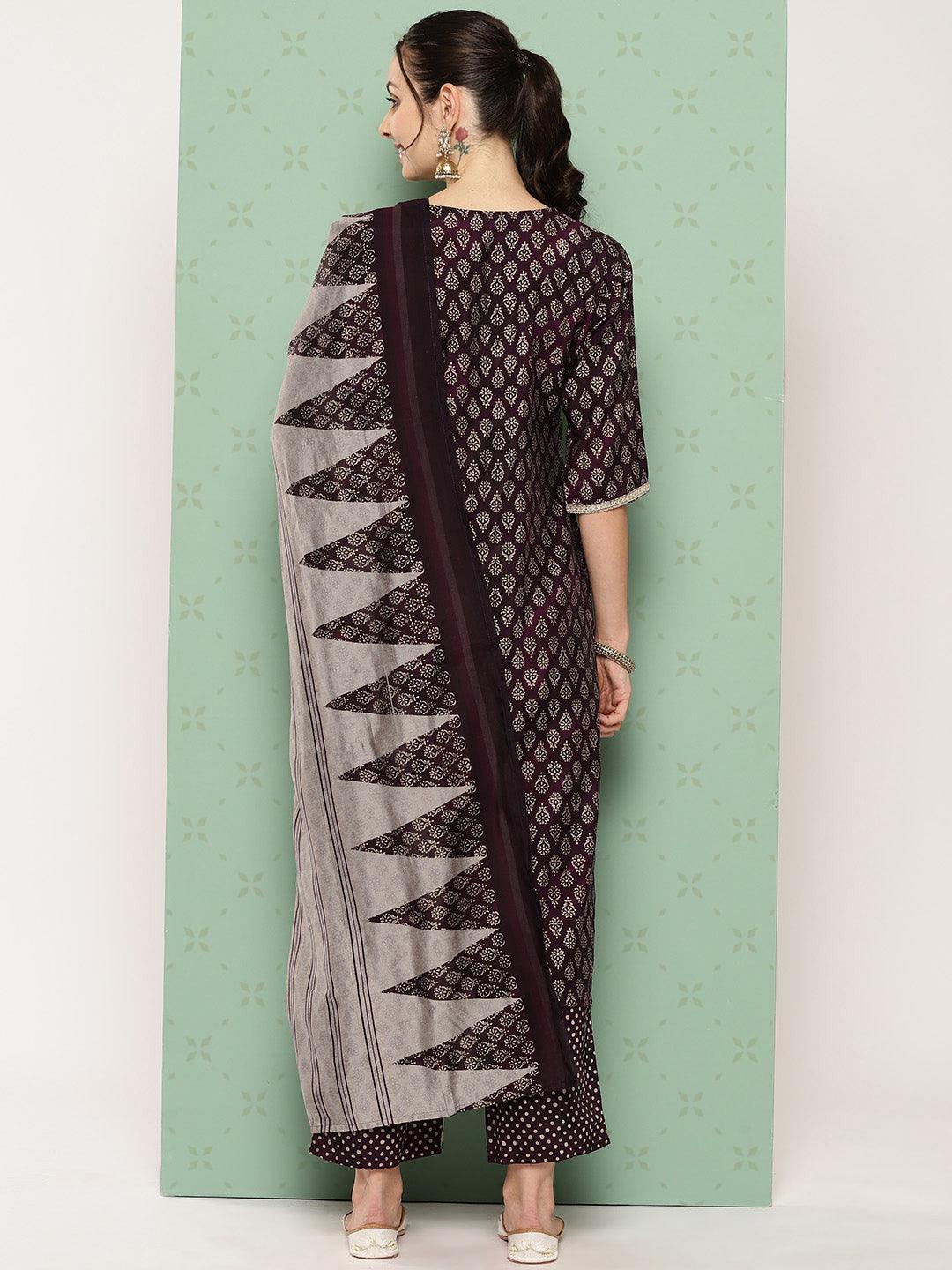 Purple Printed Silk Blend Straight Suit With Dupatta