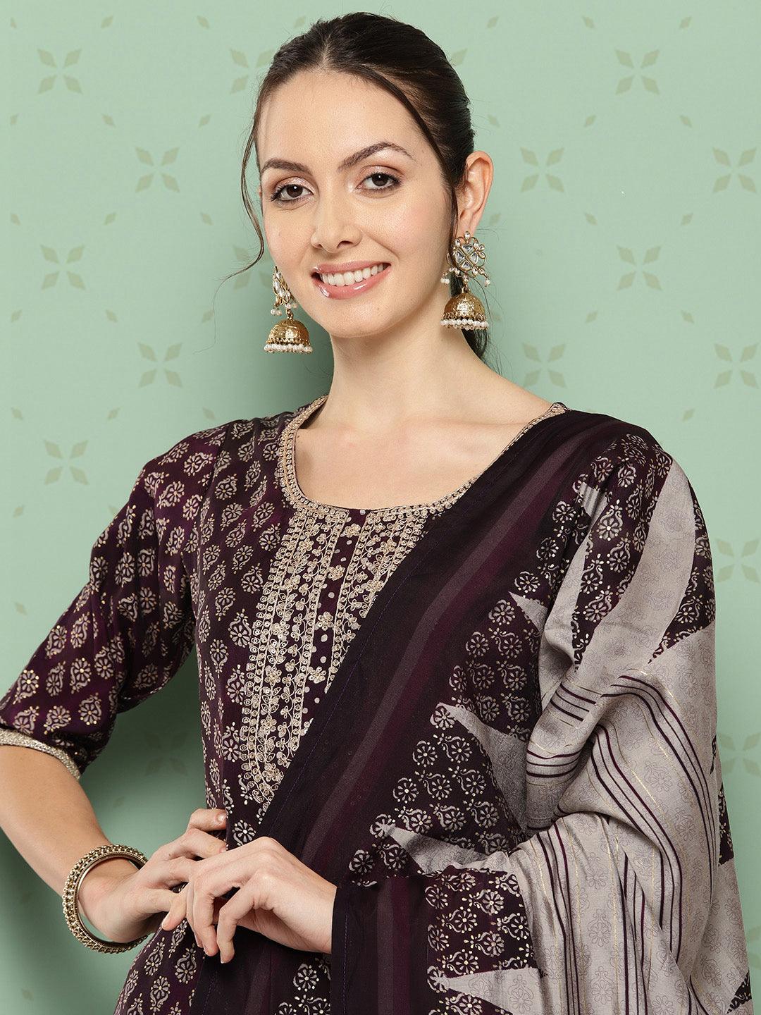 Purple Printed Silk Blend Straight Kurta With Trousers & Dupatta - ShopLibas