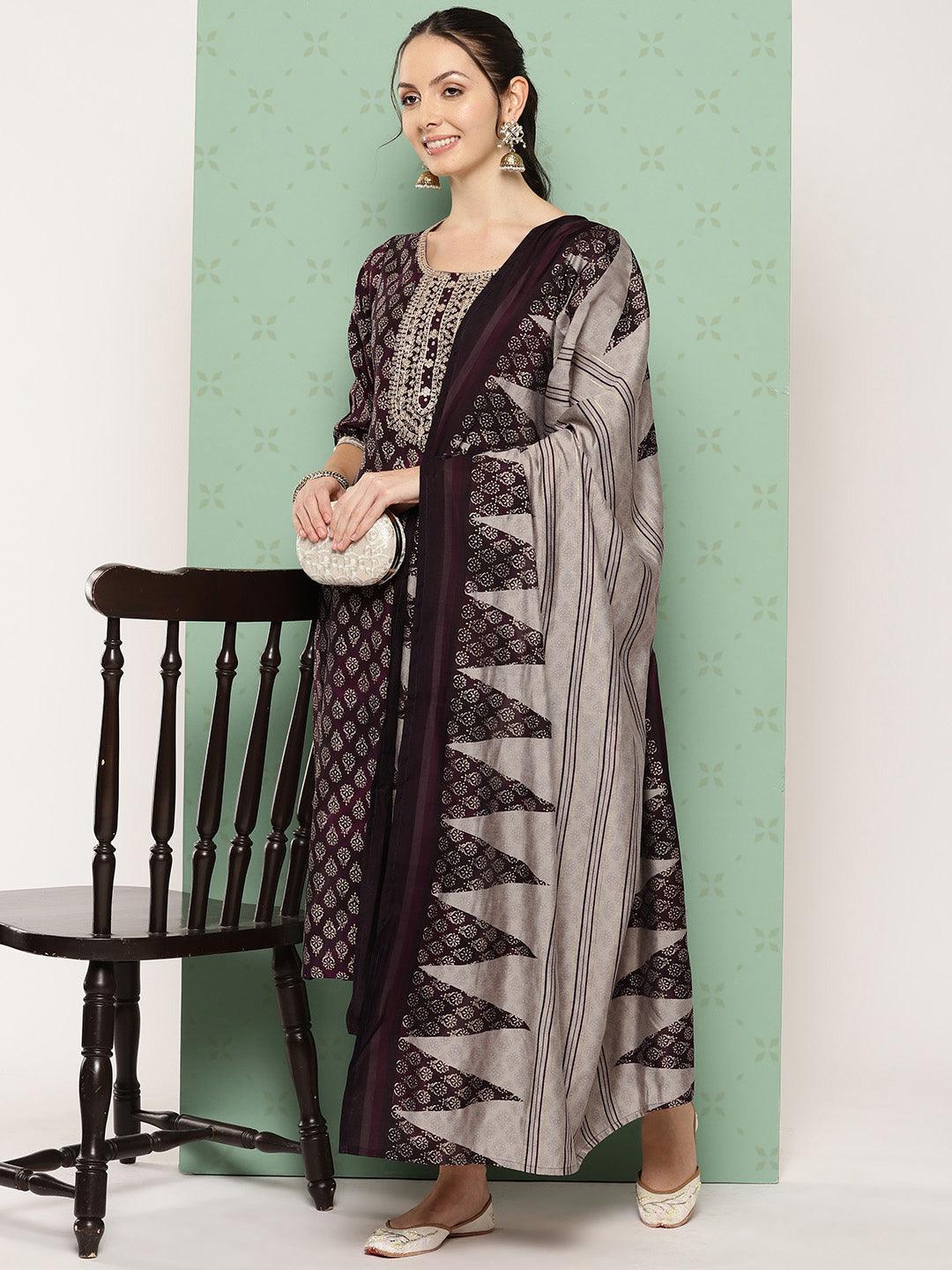 Purple Printed Silk Blend Straight Suit With Dupatta