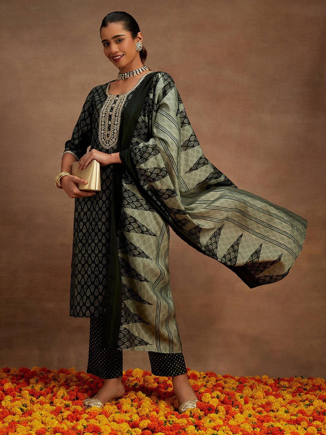 Green Printed Silk Blend Straight Suit With Dupatta